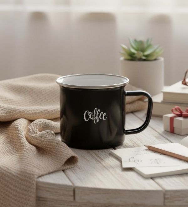 Emaille mok op tafel